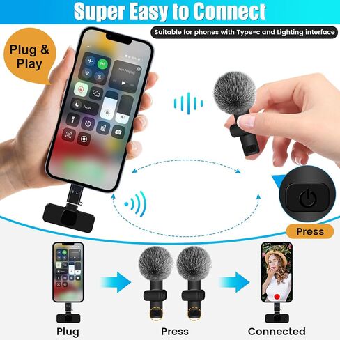DAGIRT 2 حزمة ميكروفون لاسلكي Lavalier لأجهزة iPhone iPad وUSB-C Andriod، مشبك صغير لاسلكي على شكل طية صدر السترة، ميكروفون يعمل على تقليل الضوضاء للفيديو، YouTube، المقابلات، Vlog، Podcast، TIK Tok in Kuwait