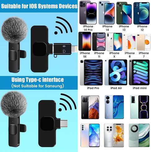DAGIRT 2 حزمة ميكروفون لاسلكي Lavalier لأجهزة iPhone iPad وUSB-C Andriod، مشبك صغير لاسلكي على شكل طية صدر السترة، ميكروفون يعمل على تقليل الضوضاء للفيديو، YouTube، المقابلات، Vlog، Podcast، TIK Tok in Kuwait