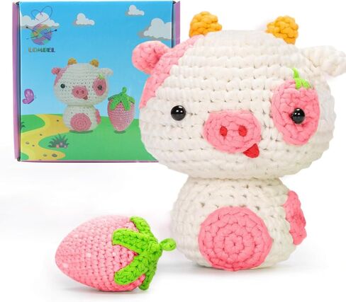 QICOAL Crochet Kit for Beginners, Cute Strawberry Pig, DIY Knitting Kit Perfect Craft Supplies Gift for Adult Kids with Step-by-Step Video Tutorials and Yarns, Hook, Accessories (Strawberry Pig) in Saudi Arabia