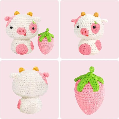 QICOAL Crochet Kit for Beginners, Cute Strawberry Pig, DIY Knitting Kit Perfect Craft Supplies Gift for Adult Kids with Step-by-Step Video Tutorials and Yarns, Hook, Accessories (Strawberry Pig) in Saudi Arabia