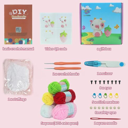 QICOAL Crochet Kit for Beginners, Cute Strawberry Pig, DIY Knitting Kit Perfect Craft Supplies Gift for Adult Kids with Step-by-Step Video Tutorials and Yarns, Hook, Accessories (Strawberry Pig) in Saudi Arabia