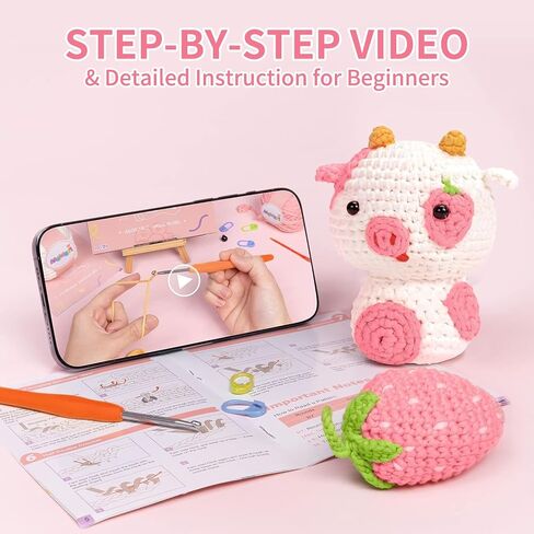 QICOAL Crochet Kit for Beginners, Cute Strawberry Pig, DIY Knitting Kit Perfect Craft Supplies Gift for Adult Kids with Step-by-Step Video Tutorials and Yarns, Hook, Accessories (Strawberry Pig) in Saudi Arabia