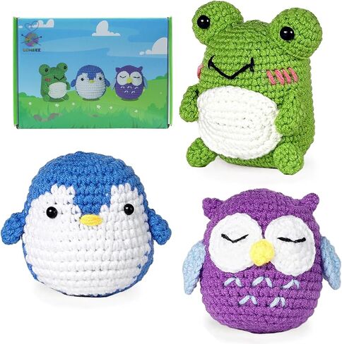QICOAL Arts, Crafts & Sewing Knitting & Crochet Beginner Crochet kit for Adults Kids DIY Craft Supplies Cute Animals Amigurumi Gift Easy Peasy Yarn(4 Plants) in Saudi Arabia