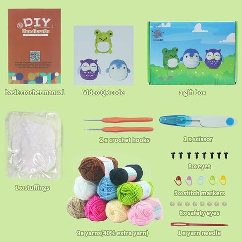 QICOAL Arts, Crafts & Sewing Knitting & Crochet Beginner Crochet kit for Adults Kids DIY Craft Supplies Cute Animals Amigurumi Gift Easy Peasy Yarn(4 Plants) in Saudi Arabia
