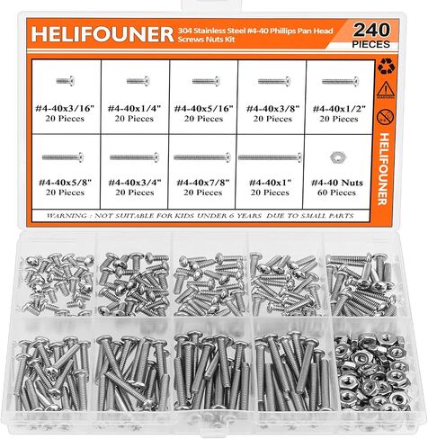 240 قطعة من HELIFOUNER #4-40 مجموعة متنوعة من براغي آلة الرأس من فيليبس، خيط خشن، ملولب آليًا بالكامل، 304 من الفولاذ المقاوم للصدأ in Kuwait