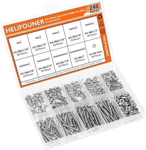 240 قطعة من HELIFOUNER #4-40 مجموعة متنوعة من براغي آلة الرأس من فيليبس، خيط خشن، ملولب آليًا بالكامل، 304 من الفولاذ المقاوم للصدأ in Kuwait