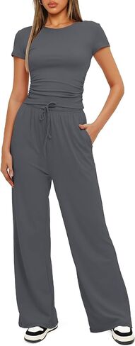 ETCYY NEW Women's two Piece Outfits Lounge Sets Short Sleeve Tops and High Waisted Wide Leg Pants Comfy Tracksuit Set in Saudi Arabia