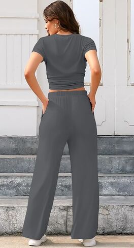 ETCYY NEW Women's two Piece Outfits Lounge Sets Short Sleeve Tops and High Waisted Wide Leg Pants Comfy Tracksuit Set in Saudi Arabia