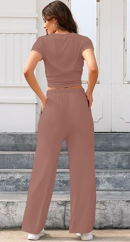 ETCYY NEW Women's two Piece Outfits Lounge Sets Short Sleeve Tops and High Waisted Wide Leg Pants Comfy Tracksuit Set in Saudi Arabia