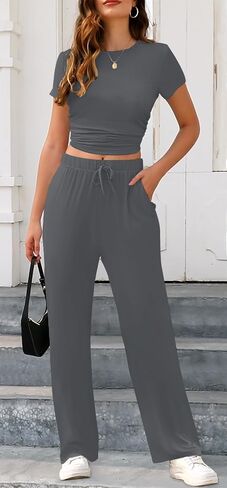 ETCYY NEW Women's two Piece Outfits Lounge Sets Short Sleeve Tops and High Waisted Wide Leg Pants Comfy Tracksuit Set in Saudi Arabia