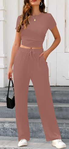ETCYY NEW Women's two Piece Outfits Lounge Sets Short Sleeve Tops and High Waisted Wide Leg Pants Comfy Tracksuit Set in Saudi Arabia