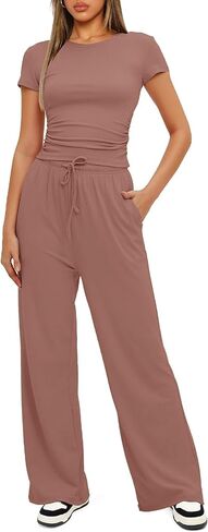 ETCYY NEW Women's two Piece Outfits Lounge Sets Short Sleeve Tops and High Waisted Wide Leg Pants Comfy Tracksuit Set in Saudi Arabia
