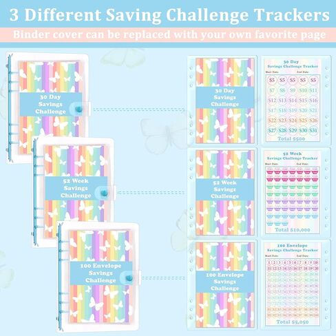 HAUTOCO 100 مغلف تحدي توفير المال A5 Binder، كتاب تحديات التوفير لتوفير 5050 دولارًا، 500، 10000 دولار، مجلد الميزانية مع مظاريف نقدية، مجلد توفير المال PVC مع أجهزة تعقب التحدي، وردي in Kuwait