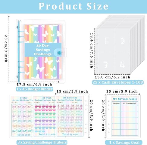 HAUTOCO 100 مغلف تحدي توفير المال A5 Binder، كتاب تحديات التوفير لتوفير 5050 دولارًا، 500، 10000 دولار، مجلد الميزانية مع مظاريف نقدية، مجلد توفير المال PVC مع أجهزة تعقب التحدي، وردي in Kuwait