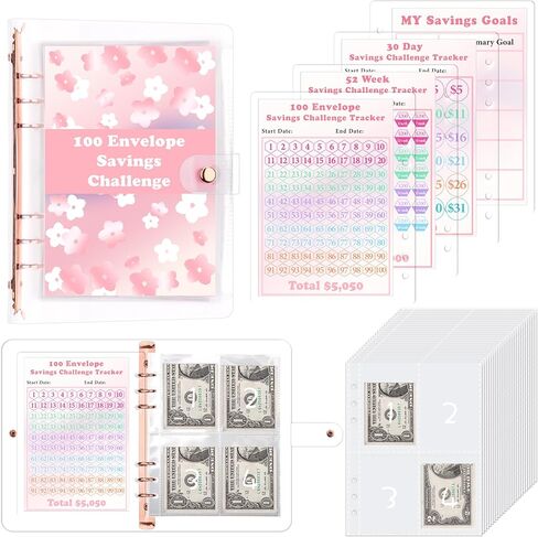 HAUTOCO 100 Envelopes Money Saving Challenge A5 Binder, Savings Challenges Book to Save $5,050, 500, 10,000, Budget Binder with Cash Envelopes, PVC Money Saving Binder with Challenge Trackers, Pink in Saudi Arabia