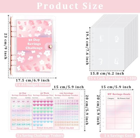 HAUTOCO 100 Envelopes Money Saving Challenge A5 Binder, Savings Challenges Book to Save $5,050, 500, 10,000, Budget Binder with Cash Envelopes, PVC Money Saving Binder with Challenge Trackers, Pink in Saudi Arabia