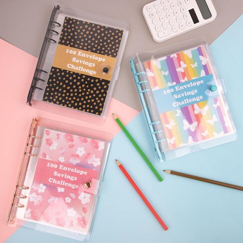 HAUTOCO 100 مغلف تحدي توفير المال A5 Binder، كتاب تحديات التوفير لتوفير 5050 دولارًا، 500، 10000 دولار، مجلد الميزانية مع مظاريف نقدية، مجلد توفير المال PVC مع أجهزة تعقب التحدي، وردي in Kuwait