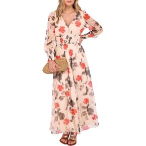 ANRABESS Women's Floral Maxi Dress 2025 Fall V Neck Puff Long Sleeve Flowy Casual Wedding Guest Tee Party Tulle Dresses in Kuwait
