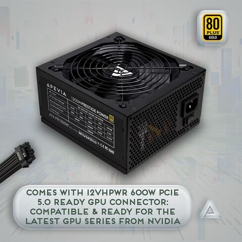 Apevia ATX-PR1300W Prestige 1300W, 80+ Gold Certified, ATX 3.1 Ready, PCIe 5.1 / 12VHPWR Connector, ATX Active PFC, DC to DC Converter Design, 135mm Silent Fan, RoHS Compliance, Gaming Power Supply in Saudi Arabia