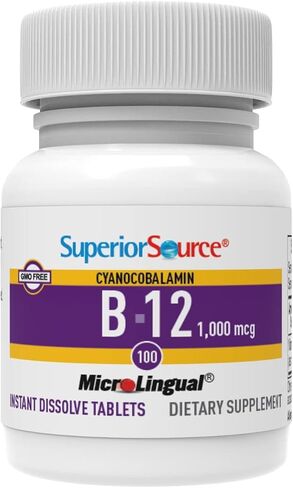 Superior Source No Shot Vitamin B12 Cyanocobalamin 1000 mcg, Quick Dissolve Sublingual Tablets, 100 Count, B12 Supplement to Increase Metabolism and Energy Production, Nervous System Support, Non-GMO in Saudi Arabia
