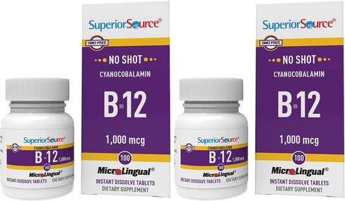 Superior Source No Shot Vitamin B12 Cyanocobalamin 1000 mcg, Quick Dissolve Sublingual Tablets, 100 Count, B12 Supplement to Increase Metabolism and Energy Production, Nervous System Support, Non-GMO in Saudi Arabia