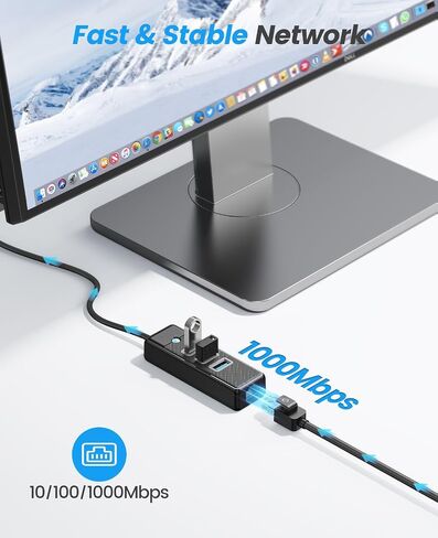4 Ports USB Hub USB Splitter with RJ45 Ethernet Port, Multiports USB 3.0 Expander Adapter with 1.0M Long Cable for Type-A Laptop, Flash Drive, Console, Keyboard, Mouse, HDD in Saudi Arabia
