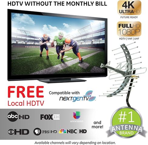هوائي تلفزيون مضخم خارجي من GE، مقاوم للطقس طويل المدى، رقمي عالي الدقة 4K 1080P VHF UHF HDTV، يتضمن حامل J، مضخم صوت خارجي، كابل محوري بطول 50 قدمًا، مقسم ثنائي الاتجاه 2500 ميجاهرتز in Saudi Arabia