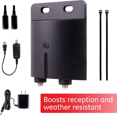 هوائي تلفزيون مضخم خارجي من GE، مقاوم للطقس طويل المدى، رقمي عالي الدقة 4K 1080P VHF UHF HDTV، يتضمن حامل J، مضخم صوت خارجي، كابل محوري بطول 50 قدمًا، مقسم ثنائي الاتجاه 2500 ميجاهرتز in Saudi Arabia
