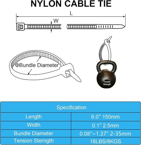 100PCS 6 Inch（150mm) Self Locking Nylon Cable Zip Ties 0.1" Width Tensile Strength 18LBS/8KGS,Multi-Purpose Self-Locking Nylon Cable Cord,Plastic Wire Ties for Home,Office,Garden,Workshop,Black in Saudi Arabia