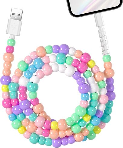 WESADN USB A لكابل شحن iPhone لطيف لون الحلوى الخرز سلك شحن سريع MFi معتمد 3.3FT كابل شاحن الهاتف 66W USB A أسلاك الشاحن للفتيات والنساء لهاتف iPhone 14 13 12 11 لجهاز iPad الملون in Kuwait