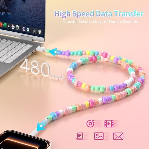 WESADN USB A لكابل شحن iPhone لطيف لون الحلوى الخرز سلك شحن سريع MFi معتمد 3.3FT كابل شاحن الهاتف 66W USB A أسلاك الشاحن للفتيات والنساء لهاتف iPhone 14 13 12 11 لجهاز iPad الملون in Kuwait
