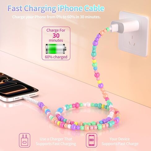 WESADN USB A لكابل شحن iPhone لطيف لون الحلوى الخرز سلك شحن سريع MFi معتمد 3.3FT كابل شاحن الهاتف 66W USB A أسلاك الشاحن للفتيات والنساء لهاتف iPhone 14 13 12 11 لجهاز iPad الملون in Kuwait