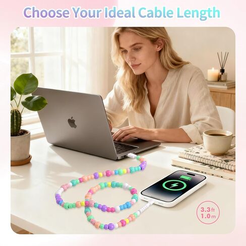 WESADN USB A لكابل شحن iPhone لطيف لون الحلوى الخرز سلك شحن سريع MFi معتمد 3.3FT كابل شاحن الهاتف 66W USB A أسلاك الشاحن للفتيات والنساء لهاتف iPhone 14 13 12 11 لجهاز iPad الملون in Kuwait