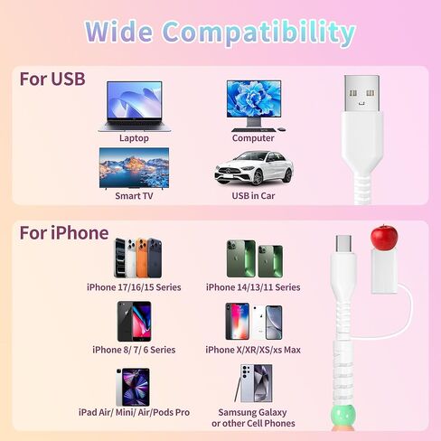 WESADN USB A لكابل شحن iPhone لطيف لون الحلوى الخرز سلك شحن سريع MFi معتمد 3.3FT كابل شاحن الهاتف 66W USB A أسلاك الشاحن للفتيات والنساء لهاتف iPhone 14 13 12 11 لجهاز iPad الملون in Kuwait