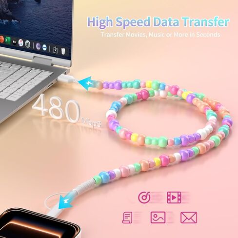 WESADN USB A لكابل شحن iPhone لطيف لون الحلوى الخرز سلك شحن سريع MFi معتمد 3.3FT كابل شاحن الهاتف 66W USB A أسلاك الشاحن للفتيات والنساء لهاتف iPhone 14 13 12 11 لجهاز iPad الملون in Kuwait