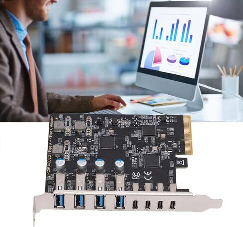 بطاقة PCIe إلى USB 3.2 Gen 2، 8 منافذ 4xType C 4xType A، عرض النطاق الترددي 10 جيجابت في الثانية، بطاقة توسيع PCIe، نقل سريع للبيانات، الدعم، نظام OS X in Kuwait
