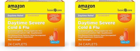 Amazon Basic Care Nighttime Severe Cold and Flu Coated Caplets, Temporarily Relieves Symptoms Like Runny Nose and Sneezing, Vapor Ice, 24 Count in Kuwait