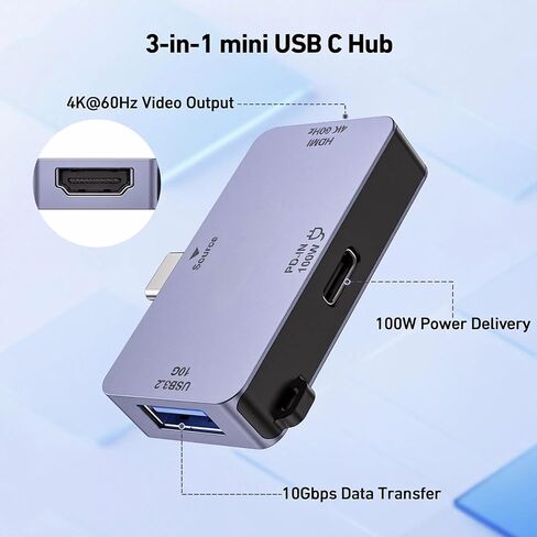 موزع USB C 3 في 1، مضغوط للغاية، USB-C إلى HDMI 4K@60 هرتز، 10 جيجابت في الثانية USB-A، توصيل طاقة 100 واط متوافق مع iPad Pro، MacBook Pro/Air، iMac، iPhone 16/15 Pro/Pro Max، XPS، Thinkpad والمزيد in Kuwait