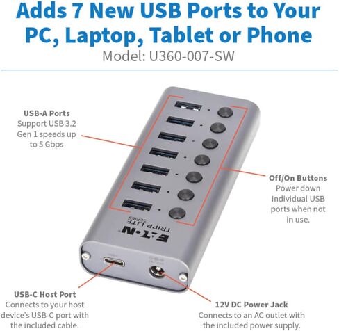 Eaton Tripp Lite Series USB C Hub 3.2 Gen 2 مع 5 منافذ USB-A و2 USBC، نقل بيانات يصل إلى 10 جيجابت في الثانية، شحن 7.5 واط، التوصيل والتشغيل، محطة إرساء الكمبيوتر المحمول، ضمان لمدة 3 سنوات (U360-007-5A2C) in Kuwait