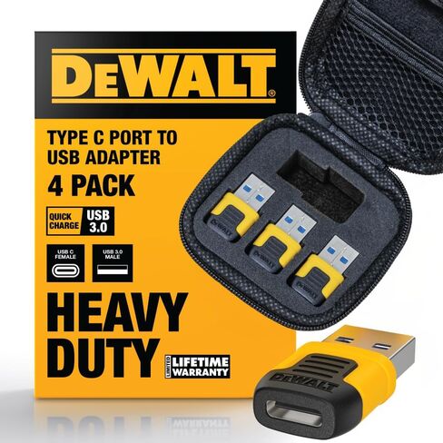 محول DEWALT عالي التحمل USB-C أنثى إلى USB-A ذكر 4 حزم مع حافظة - محول شحن سريع 3.0 نقل بيانات بسرعة 5 جيجابت في الثانية، محول USB متين مدمج إلى USB-C لأجهزة الكمبيوتر المحمولة iPhone Samsung وأجهزة Android in Saudi Arabia
