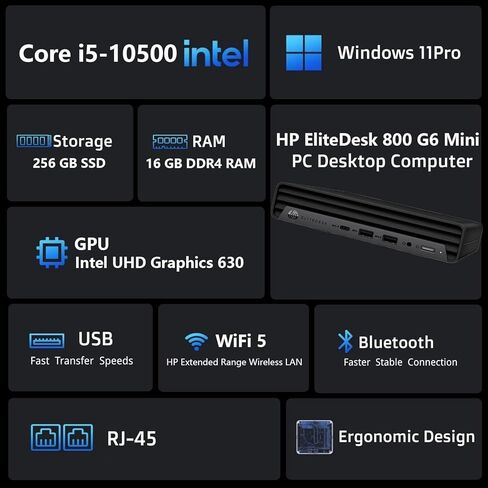 كمبيوتر HP EliteDesk 800 G6 Business Mini Desktop، Core i5-10500، 3.10 جيجا هرتز، 6 نواة، Intel HD Graphics 630، ذاكرة وصول عشوائي DDR4 سعة 16 جيجابايت، 256 جيجابايت SSD، ماوس، لوحة مفاتيح، منفذ عرض، Wi-Fi، Windows 11 Pro (متجدد) in Saudi Arabia