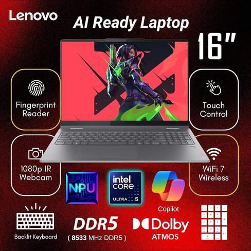 Lenovo Yoga 7i 2-in-1 AI Ready Laptop, 16" 2K Touchscreen, Core Ultra 5 226V(>Ultra 7 155U), Copilot+ PC, Backlit Keyboard, Fingerprint, WiFi 7, Windows 11 Pro, Gray(16GB 8533 MHz DDR5 RAM | 2TB SSD) in Kuwait