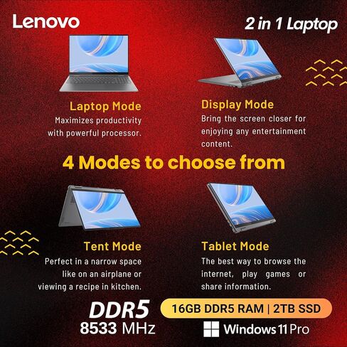 Lenovo Yoga 7i 2-in-1 AI Ready Laptop, 16" 2K Touchscreen, Core Ultra 5 226V(>Ultra 7 155U), Copilot+ PC, Backlit Keyboard, Fingerprint, WiFi 7, Windows 11 Pro, Gray(16GB 8533 MHz DDR5 RAM | 2TB SSD) in Kuwait