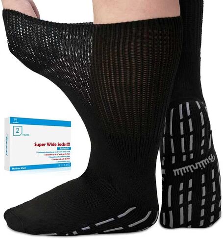 Bulinlulu Extra Width Socks for Swollen Feet-2 Pairs Super Wide Diabetic Edema Sock, Bariatric Socks, Non Slip Cast Sock, Hospital Socks with Grips for Men,Extra Wide Lymphedema Socks-2 White in Kuwait
