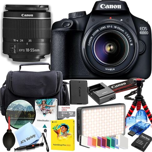 كاميرا Canon EOS 4000D / Rebel T100 DSLR مع عدسة تكبير 18-55 مم F/3.5-5.6 + ذاكرة 64 جيجابايت، ضوء فيديو LED، فلتر، حامل ثلاثي القوائم والمزيد (متجددة) in Saudi Arabia
