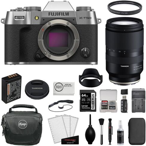 حزمة كاميرا FUJIFILM X-T50 بدون مرآة (فضية) مع عدسة Tamron مقاس 17-70 مم f/2.8 Di III-A VC RXD + بطاقة 64 جيجابايت + فلتر للأشعة فوق البنفسجية + شاحن بطارية + حقيبة كاميرا + طقم تنظيف + قطعة قماش من الألياف الدقيقة (12 قطعة) in Saudi Arabia