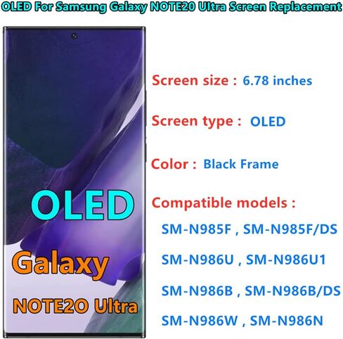 استبدال شاشة OLED Galaxy Note20 UItra LCD لهاتف Samsung Galaxy Note20 UItra 5G محول رقمي لشاشة تعمل باللمس N986U N986U1 يدعم بصمة الإصبع S-Pen. (مع إطار أسود + غطاء خلفي لاصق + أدوات) in Kuwait