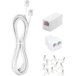 Long Telephone Extension Cord 25 FT, White, Phone Cable Line Wire with Standard RJ11 Plug, 1 Phone Line Splitter, 1 in-line Coupler and 15 Cable Clips for Telephone Calling Communication in Saudi Arabia