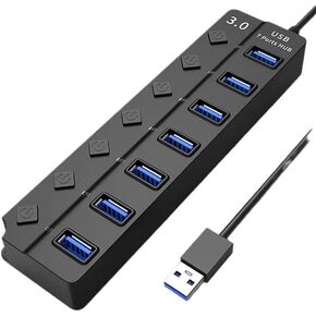موزع USB 3.0، موزع USB بـ 7 منافذ مع مفاتيح تشغيل/إيقاف فردية وأضواء، كابل بطول 3.2 قدم/1 متر متوافق مع أجهزة MacBook/Laptop/Surface Pro/PS4/PC/محرك أقراص فلاش/محرك الأقراص الصلبة المحمول in Kuwait