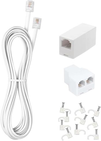 Long Telephone Extension Cord 25 FT, White, Phone Cable Line Wire with Standard RJ11 Plug, 1 Phone Line Splitter, 1 in-line Coupler and 15 Cable Clips for Telephone Calling Communication in Saudi Arabia